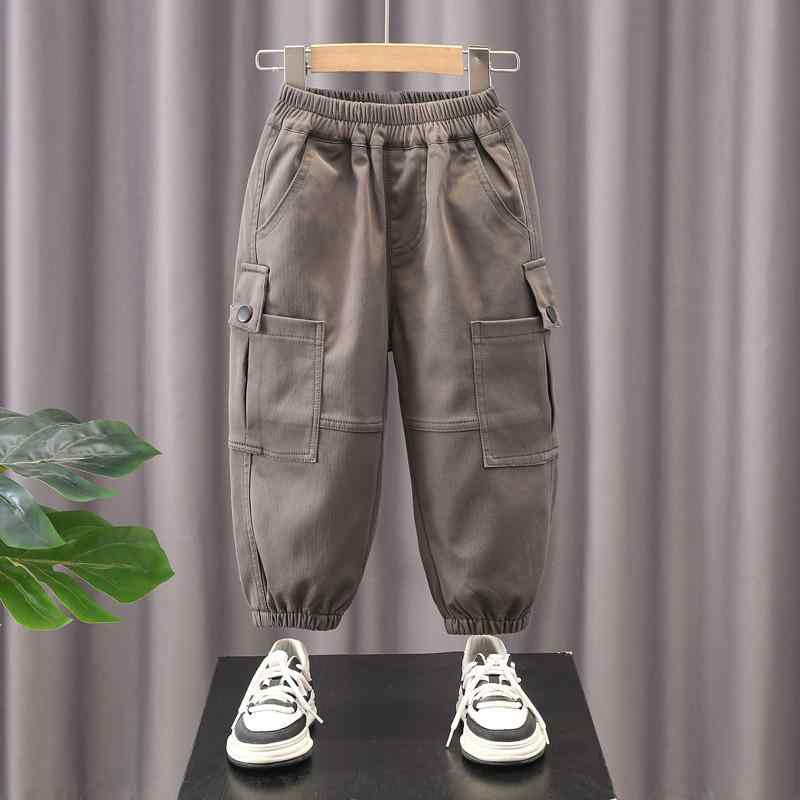 パンツ 男の子 キッズ 小中学生 カジュアル カーゴパンツ 春秋 トレンド おしゃれ 綿素材 やわらか ミドルウエスト ゴムウエスト グレー カーキ 長ズボン