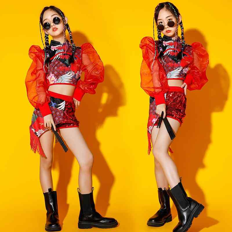 ダンス衣装 キッズ ジュニア ガールズ ストリートダンス ジャズダンス スパンコール キラキラ セットアップ 発表会 舞台 ランウェイ ファッションショー 中華風 春夏