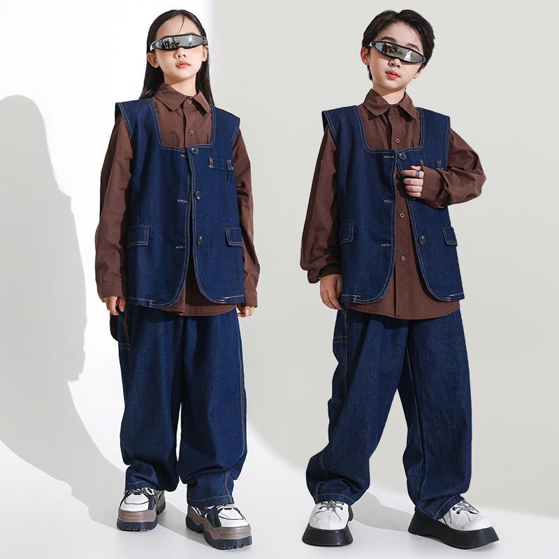 キッズ ジュニア ヒップホップ ストリートダンス ジャズダンス ダンスウェア デニムベスト セットアップ 男の子 女の子 発表会 ステージ衣装 春秋 カジュアル おしゃれ