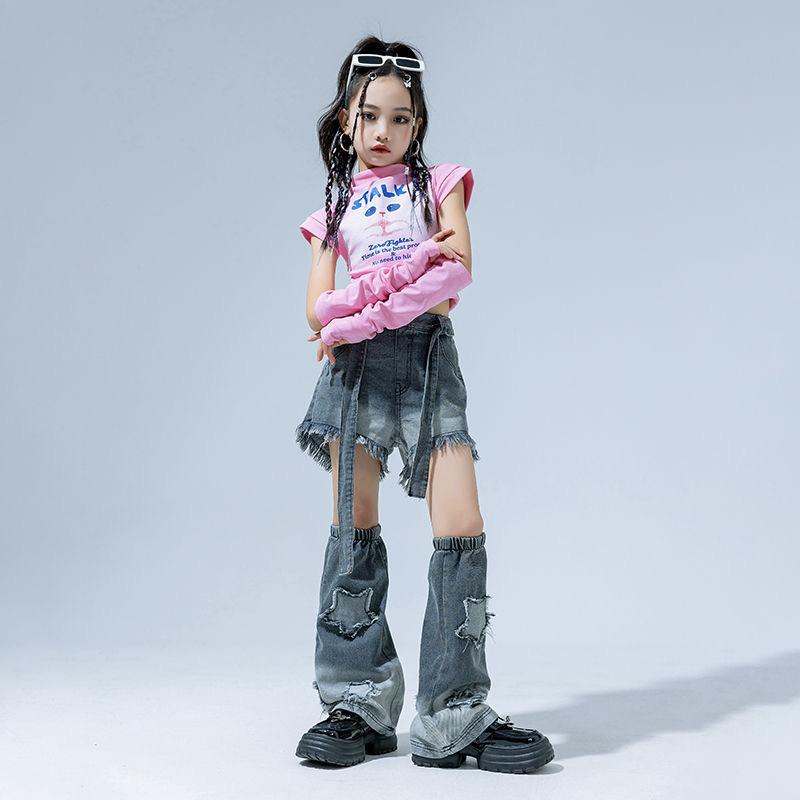 セットアップ キッズ 女の子 デニムパンツ ジーンズ 2点セット ストリートダンス ジャズダンス 衣装 クール おしゃれ トレンド 秋冬 綿混素材 練習着 発表会
