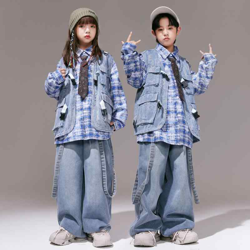 ヒップホップ衣装 キッズ 男の子 おしゃれ かっこいい ストリートダンス ベスト シャツ デニムパンツ 3点セット ダンス発表会 ファッションショー 春秋