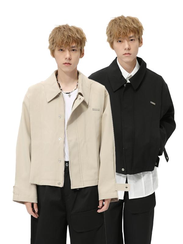 ジャケット メンズ 秋冬 韓国風 レトロ メタルロゴ 襟付き ショート丈 ジップアップ ルーズフィット シンプル カジュアル ブルゾン｜セキュアデポ