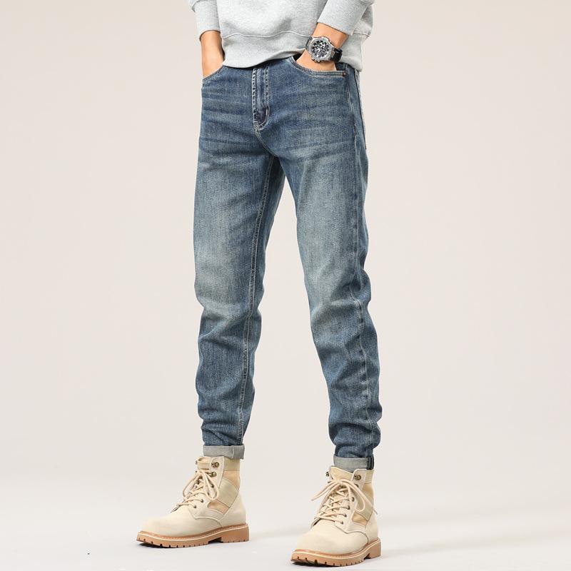 デニムパンツ メンズ ストレッチ スリムフィット ストレート ウォッシュ加工 ジッパーフライ ミッドライズ 長ズボン 若者向け レトロ 日系 着回し デイリーユース カジュアル 綿混