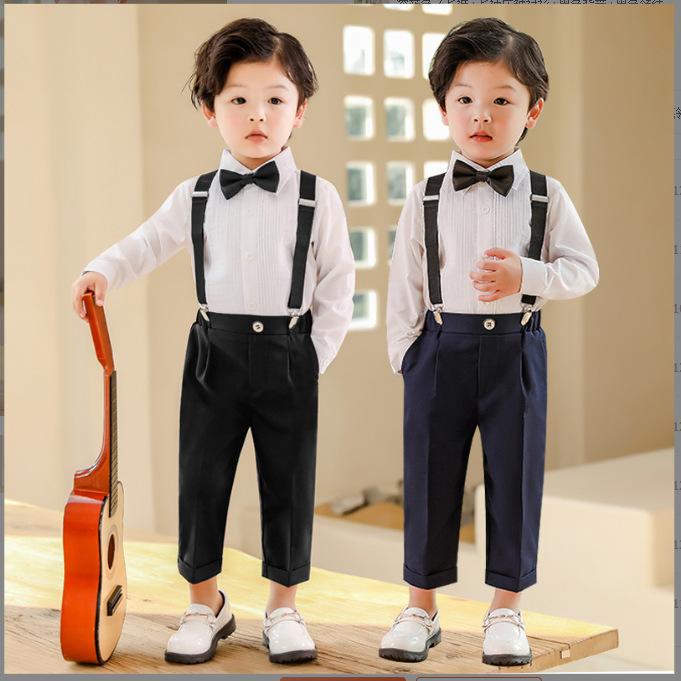 キッズ 男の子 ジュニア 英国風 ブリティッシュ フォーマルスーツ セットアップ サスペンダー付きパンツ 長袖 しわになりにくい シャツ 蝶ネクタイ 結婚式 発表会 演奏会 卒業式 入学式 七五三 イベント 綿素材 春夏