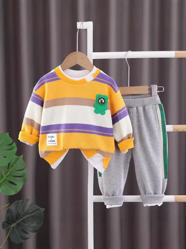 キッズ 男の子 ベビー 綿95% スウェット トレーナー ロングパンツ セットアップ 2点セット 秋冬 韓国風 ストライプ ボーダー柄 長袖 柔らかい肌触り かわいい 1歳 2歳 3歳 部屋着 ルームウェア 普段着