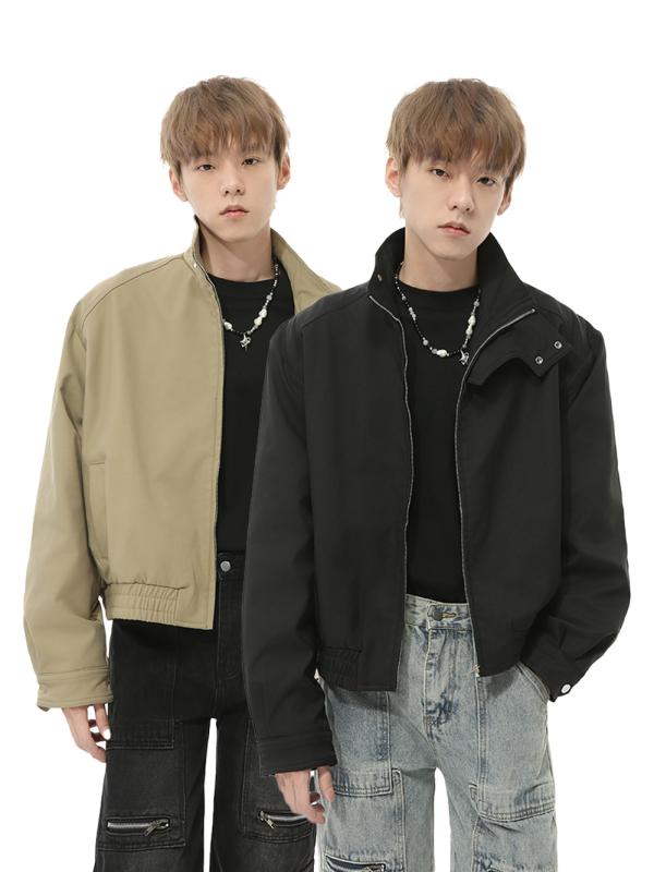 ジャケット メンズ ジップアップ 襟付き ゆったり 高級感 韓国風 秋物 ポリエステル素材 ショート丈 クラシック 長袖 ブラック カーキ