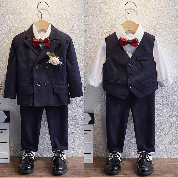 キッズ 男の子 スーツ スリーピース 3点セット フォーマル 発表会 結婚式 リングボーイ 礼服 ブリティッシュスタイル おしゃれ かっこいい 黒ストライプ 綿混紡 オールシーズン 長袖 パンツ ダブルボタン