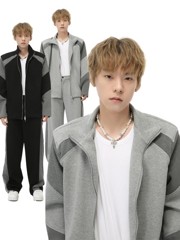 セットアップ メンズ 秋冬 韓国風 おしゃれ 切り替え スタンドカラー 肩パッド入り 長袖 ロングパンツ カジュアル スポーツ デイリーユース ポリエステル 伸縮性 ブラック グレー