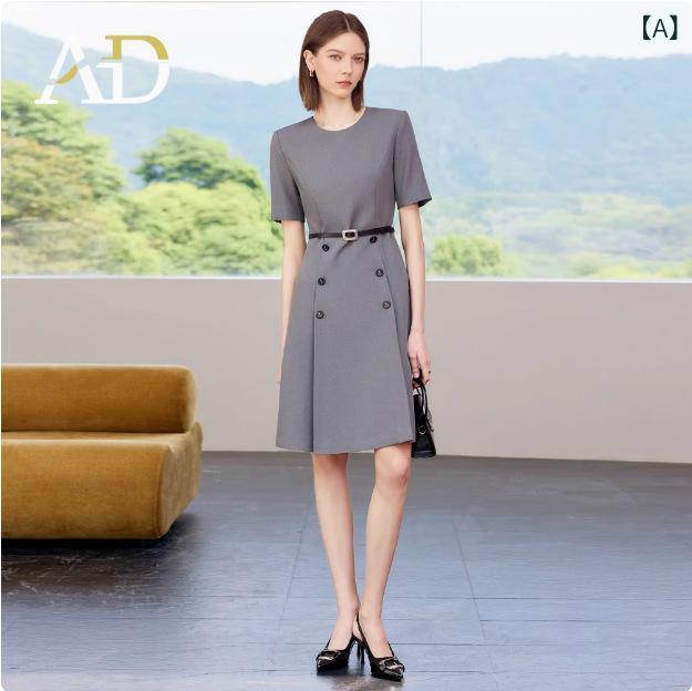 ワンピース レディース 春夏 半袖 丸首 膝丈 ミモレ丈 Aライン A字 無地 高級感 グレー 通勤 OL 事務服 ビジネス オフィス きれいめ 上品 快適 薄手 プリーツ|セキュアデポ