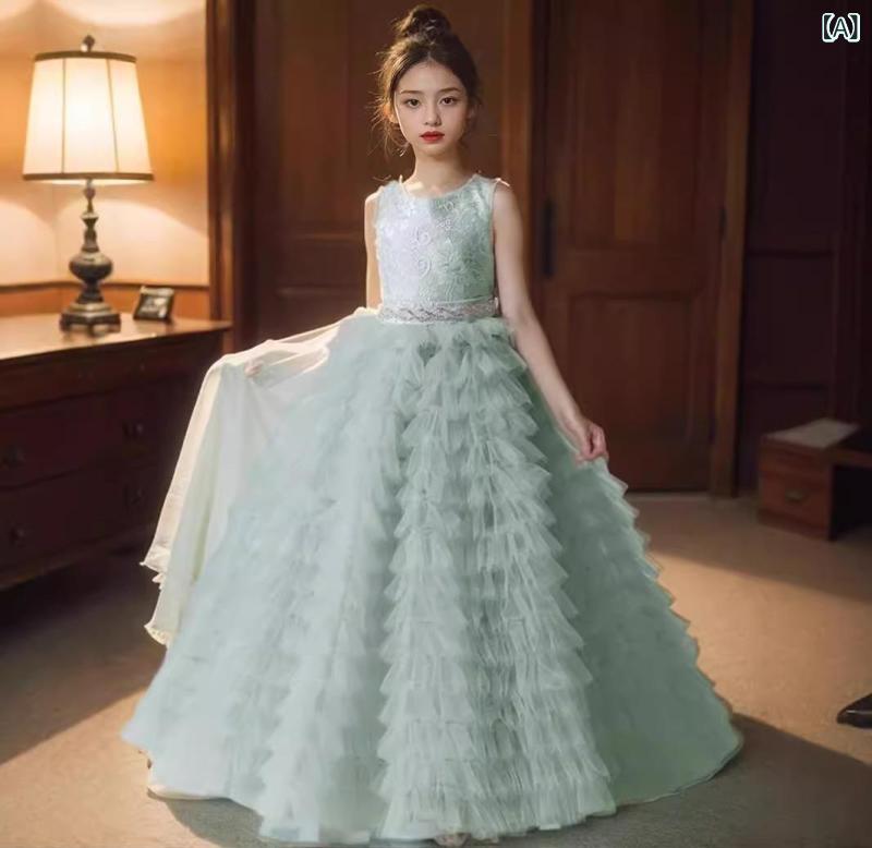 ドレス キッズ 女の子 ジュニア 子供服 プリンセス ワンピース グリーン ピアノ発表会 演奏会 結婚式 七五三 ステージ衣装 パーティー ティアード フリル かわいい｜セキュアデポ