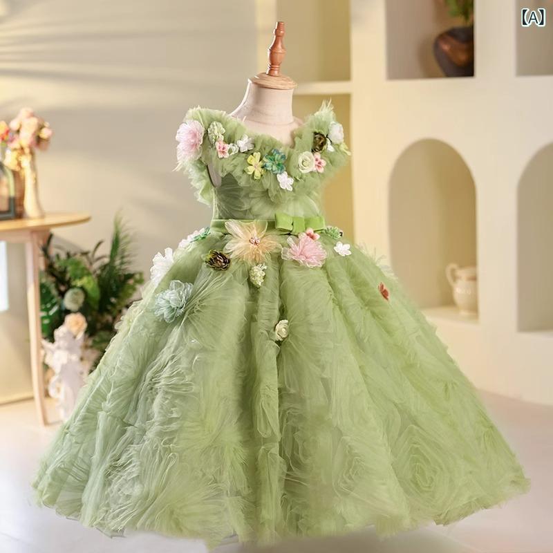 ドレス キッズ 女の子 フォーマル グリーン 妖精 森ガール風 花 チュール レース プリンセスライン 誕生日 発表会 ピアノ コンクール 結婚式 披露宴 パーティー 記念写真 記念撮影 イベント ステージ衣装|セキュアデポ