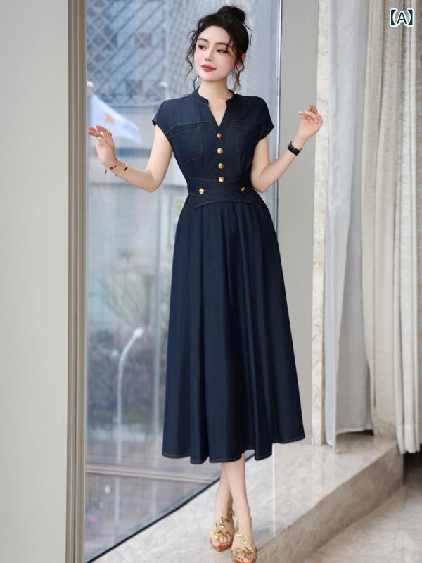 ワンピース レディース 春夏 テンセル デニム ノースリーブ Vネック ウエストシェイプ ロング丈 Aライン 無地 細見え オフィス 通勤 カジュアル キレイめ 上品｜セキュアデポ