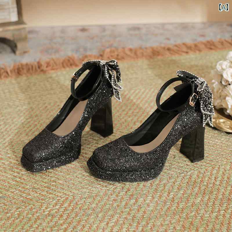 パンプス レディース 厚底 チャンキーヒール プラットフォーム スクエアトゥ グリッター ラメ リボン 結婚式 花嫁 ブライダルシューズ フォーマル 歩きやすい 痛くない 履きやすい 美脚｜セキュアデポ