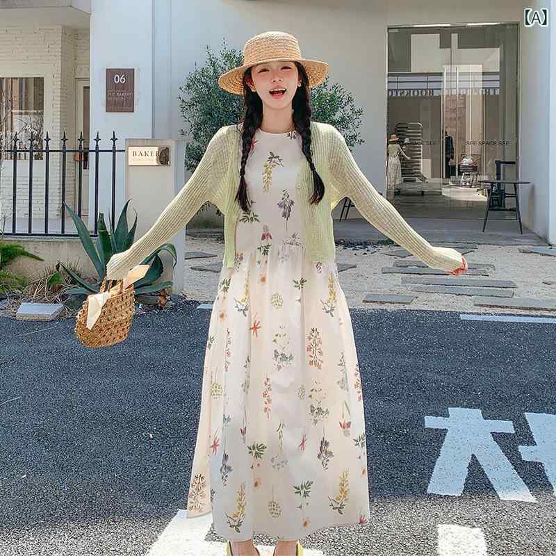 ワンピース レディース 春夏 2点セット ニットカーディガン 花柄 ノースリーブ ロングワンピース 薄手 接触冷感 シフォン セットアップ カジュアル フェミニン|セキュアデポ