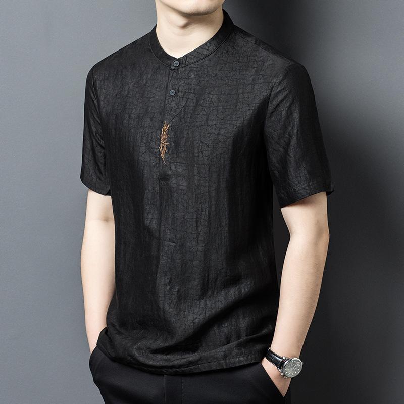 Tシャツ メンズ 半袖 春夏 接触冷感 吸汗速乾 シルク調 チャイナ風 立ち襟 プルオーバー ゆったり カジュアル トップス 無地|セキュアデポ