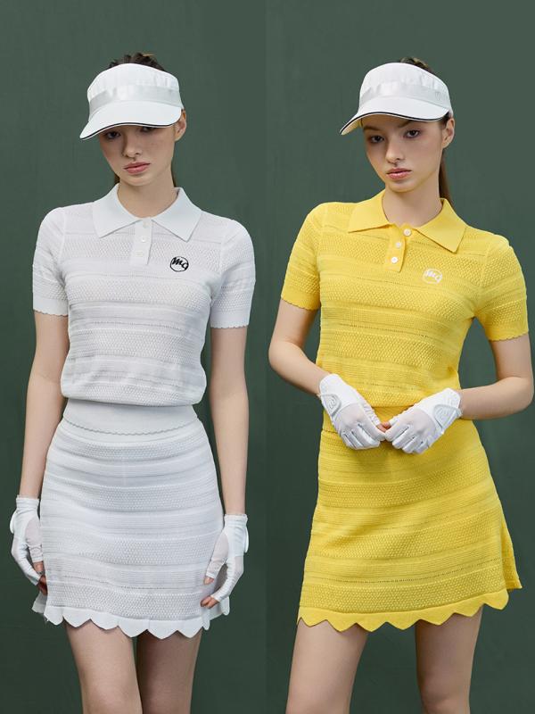セットアップ レディース ゴルフウェア 半袖 POLOシャツ プリーツスカート テニス スポーツウェア 通気性 ストレッチ 接触冷感 吸汗速乾 イエロー ホワイト｜セキュアデポ