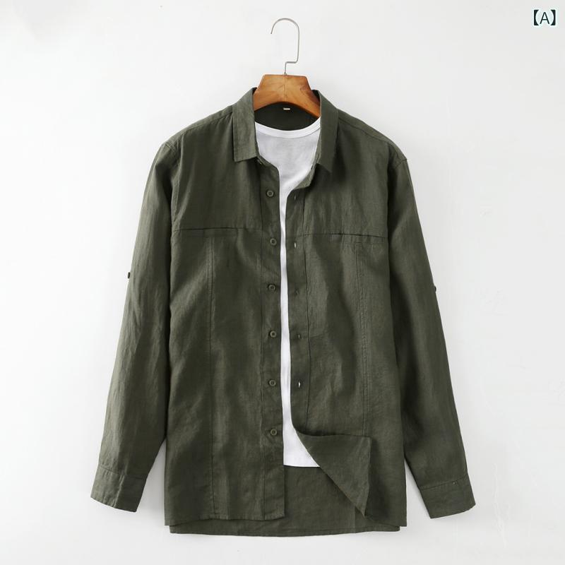 シャツ メンズ 春秋 長袖 リネン 麻 襟付き 前開き トップス カジュアル ゆったり 快適 無地 薄手 通気性 シンプル｜セキュアデポ