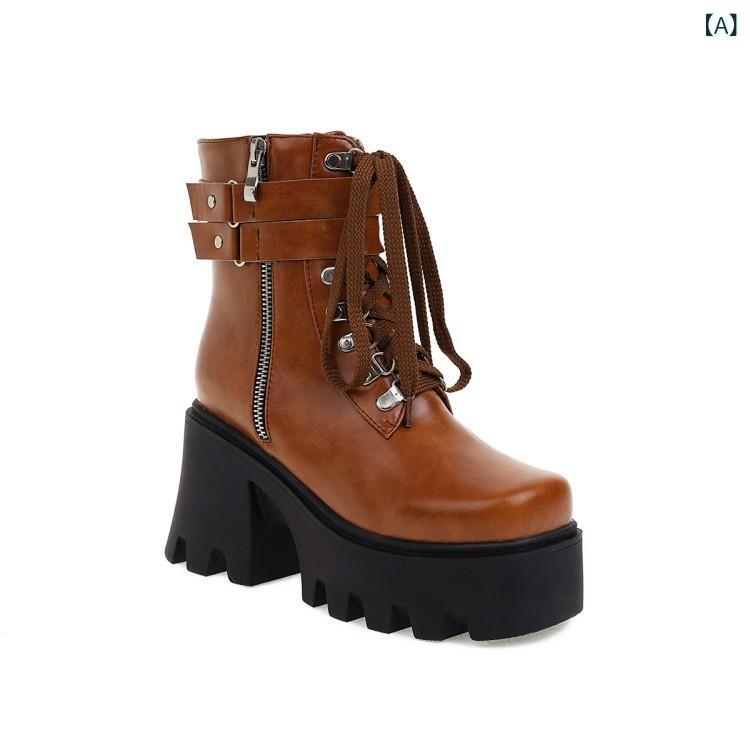 ショートブーツ レディース 厚底 チャンキーヒール 太ヒール レースアップ 履きやすい ラウンドトゥ ファスナー付き 前厚 PUレザー 痛くない 歩きやすい 合皮 大きいサイズ ブラック ブラウン イエロー 25cm 28cm 婦人靴 秋冬|セキュアデポ