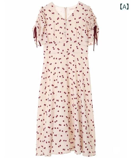 ワンピース レディース 春夏 Vネック パフスリーブ 半袖 さくらんぼ柄 チェリー シフォン ハイウエスト バックリボン かわいい フレンチスタイル 日系 膝丈 レトロ カジュアル|セキュアデポ