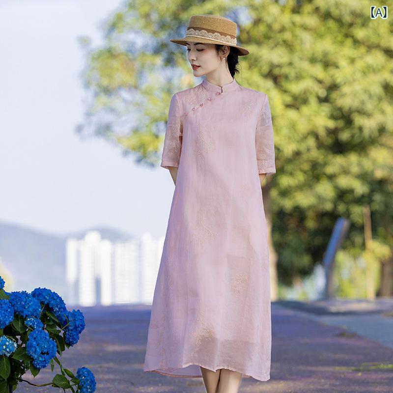 ワンピース レディース 春夏 リネン チャイナドレス スタンドカラー 五分袖 Aライン ひざ丈 花柄 刺繍 コットン 綿麻 切り替え 薄ピンク 接触冷感 通気性 軽量 レトロ 上品 エレガント カジュアル 旅行 通勤｜セキュアデポ