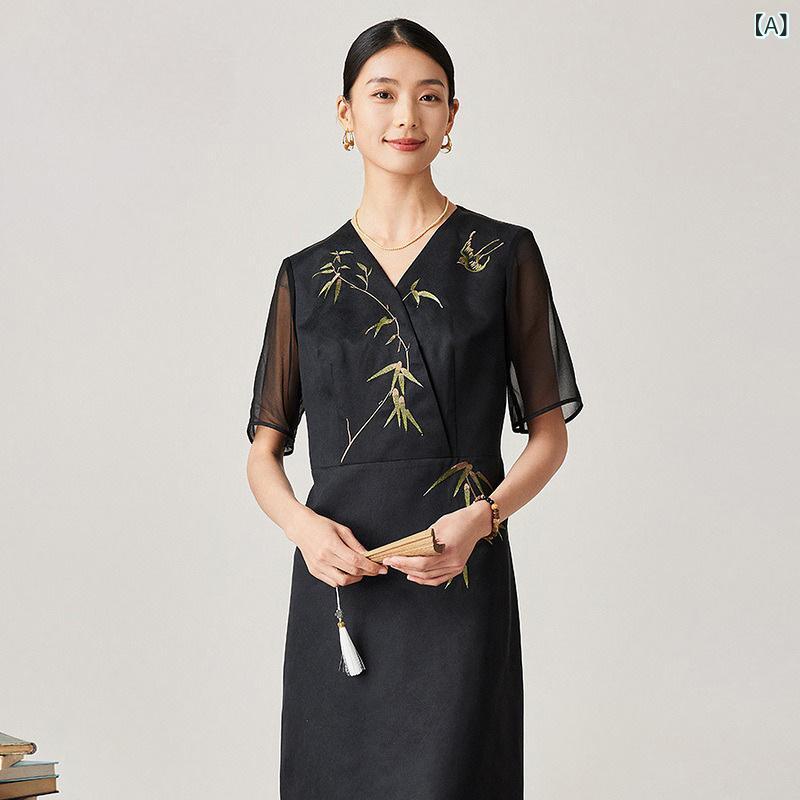 ワンピース レディース 春夏 チャイナドレス シルク調 香雲紗 桑蚕糸 刺繍 Aライン Vネック 半袖 ミモレ丈 ロング丈 レトロ エスニック 中国風 エレガント 涼しい 薄手 上品 快適|セキュアデポ