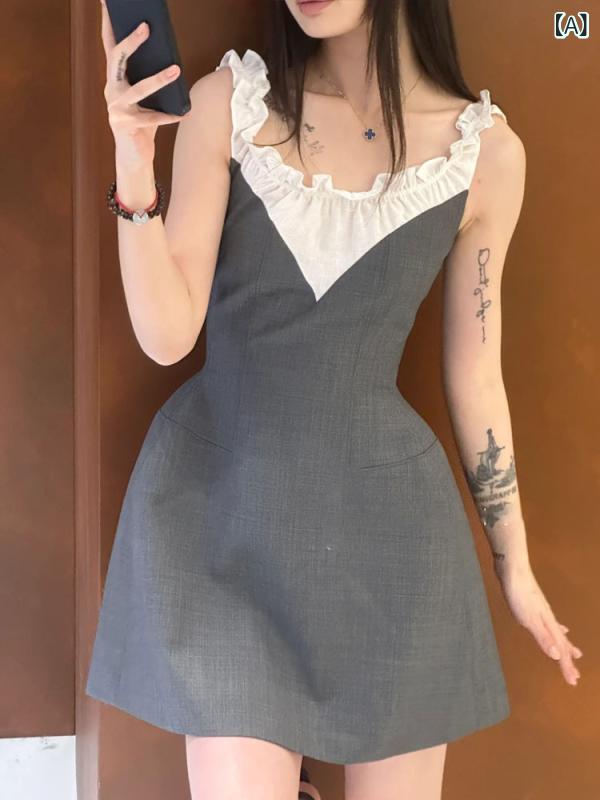 ワンピース レディース 春夏 ノースリーブ ミニ丈 Aライン 切り替え レース フリル 襟付き ハイウエスト ファスナー 薄手 涼しい 上品 ガーリー 通学 デート 旅行 普段着 グレー ネイビー グレー ネイビー グレー ネイビー グレー 深青|セキュアデポ