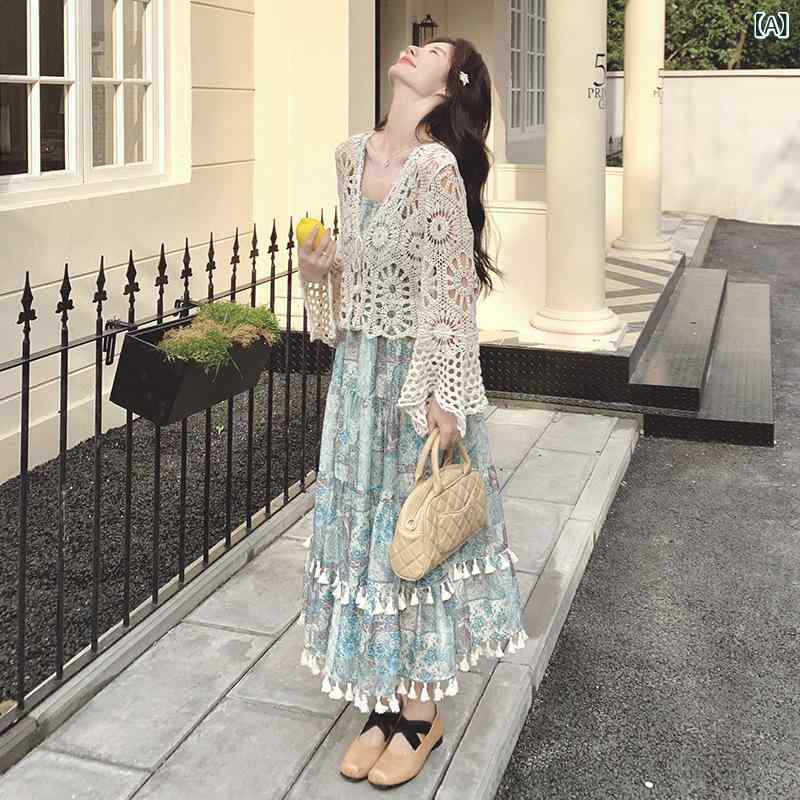 ワンピース レディース 春夏 2点セット ニットカーディガン キャミソールワンピース ミモレ丈 花柄 グリーン 透かし編み ボヘミアン リゾート 海 旅行 ビーチ フェミニン きれいめ 上品 快適 ゆったり|セキュアデポ