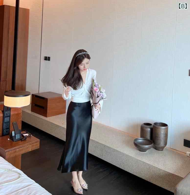 スカート レディース 春夏 ミドル丈 Aライン ウエストゴム スリット 光沢感 サテン調 無地 上品 きれいめ 通勤|セキュアデポ