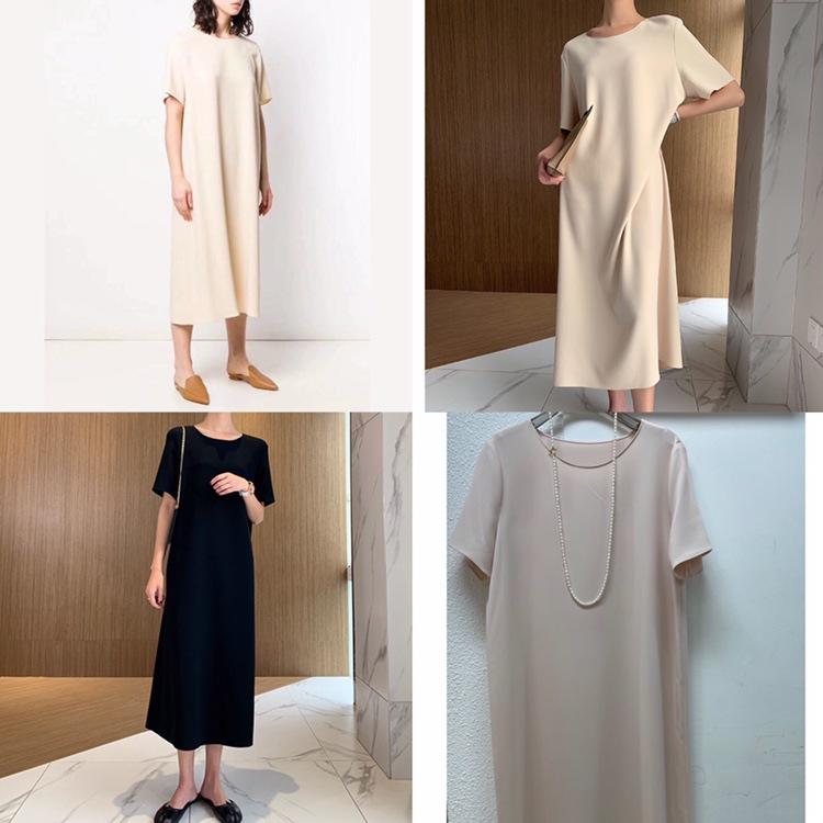 ワンピース レディース 春夏 半袖 ショートスリーブ クルーネック ミディアム丈 接触冷感 ゆったり 涼しい くすみカラー 通勤 オフィス エレガント フェミニン カジュアル きれいめ マカロンカラー｜セキュアデポ