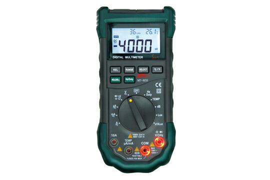 MT-8210 １台５役（DMM・温度計・湿度計・照度計・騒音計） ●LEDとブザーで知らせる誤挿入防止機能 ●バックライト付で暗所での測定が容易 ●オートパワーオフ機能 ●オートレンジ・データホールド機能