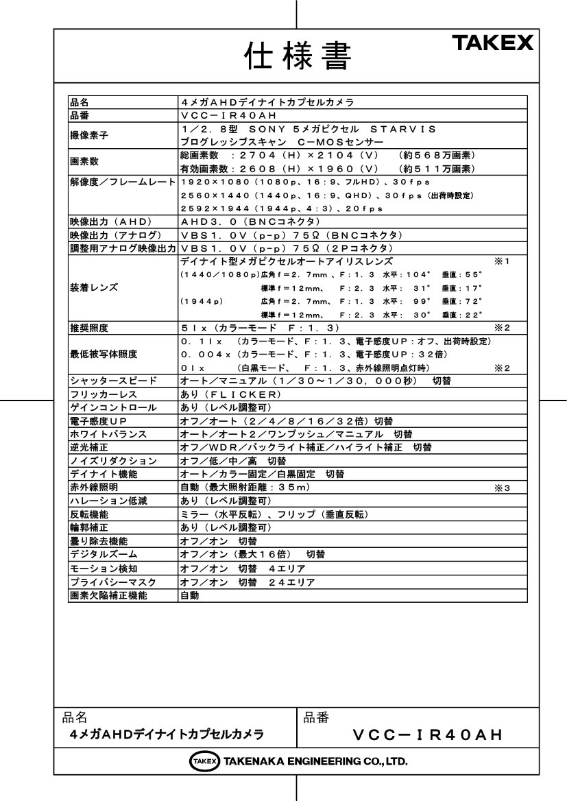 4メガAHDデイナイトカプセルカメラ TAKEX 竹中エンジニアリング カメラ