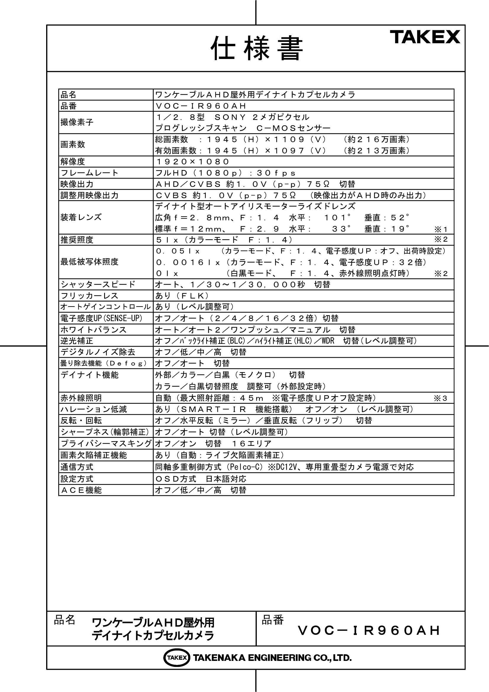 ワンケーブルAHD屋外用デイナイトカプセルカメラ TAKEX 竹中