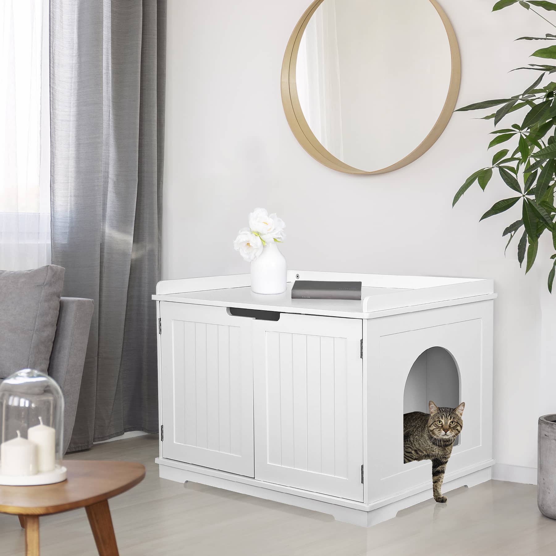 ベルメゾン　猫トイレ収納カバー　可動棚日本製キャット　トイレカバー　アイボリー Amazon | [ベルメゾン] 猫トイレ 収納カバー 可動 棚 日本製