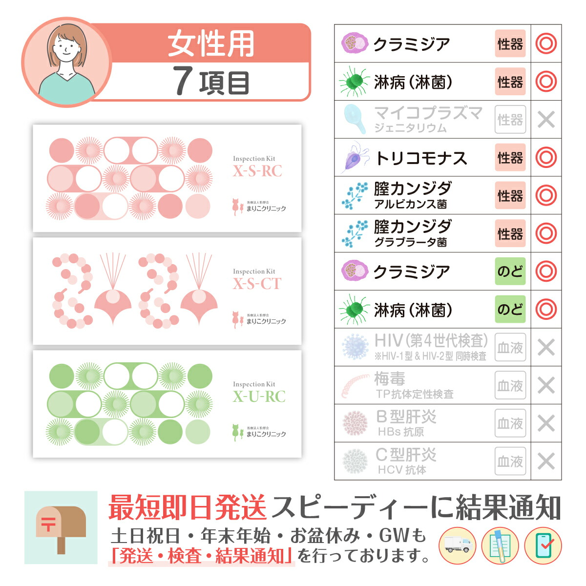 性病検査キット 女性 ７項目:【S-RC】【S-CT】【U-RC】淋菌(淋病) クラミジア のど淋菌 のどクラミジア 膣カンジダ2種 膣トリコモナス (膣分泌物検査 うがい検査) まりこ検査キット