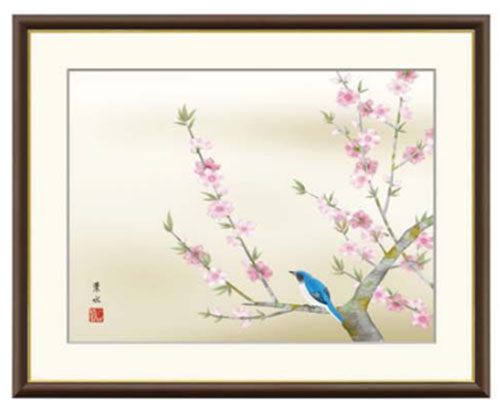 花鳥画 春飾り 現代日本画 額縁 桃花に小鳥 緒方葉水 清瀧会｜熊野古道仏壇センター
