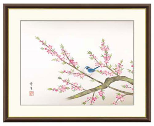 花鳥画 春飾り 現代日本画 額縁 桃花に小鳥 北山歩生 三美会