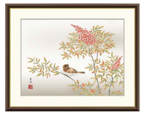 花鳥画 冬飾り 現代日本画 額縁 南天に雀 清水玄澄 洛友会