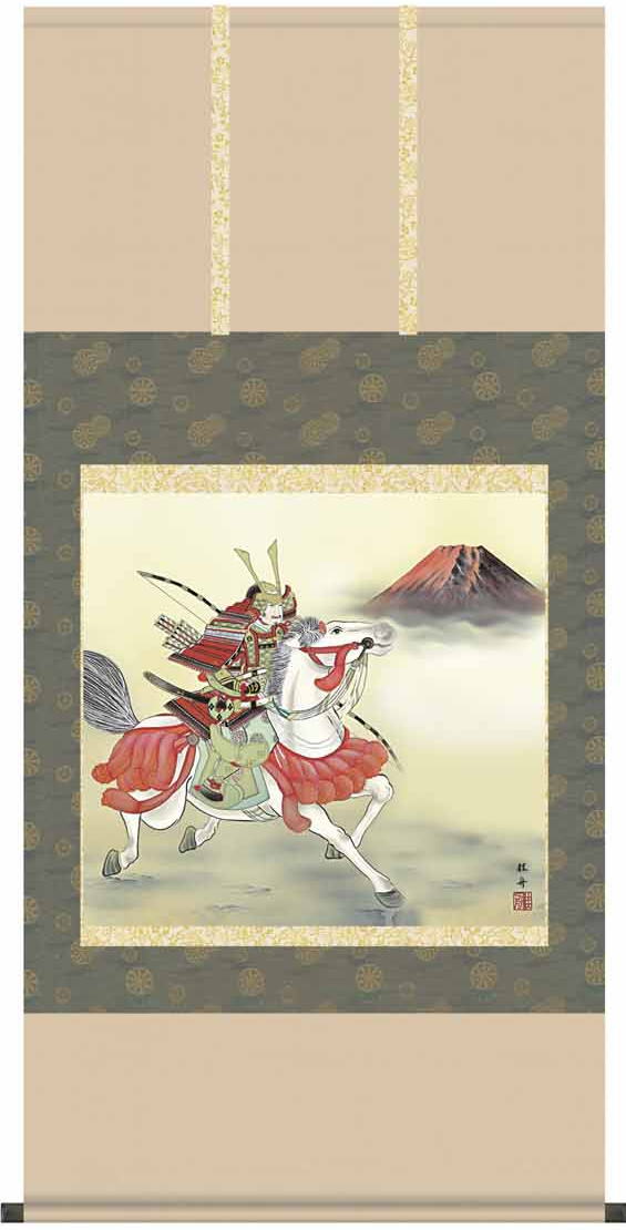 掛軸 床軸 武者・兜 ：長江桂舟作 若武者 幅64.5×高さ140