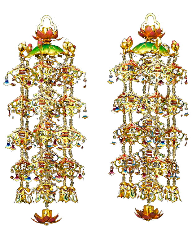 仏具 金管楽器蓮傘 瓔珞 白玉パステル色 本金メッキ・大(5号）1対