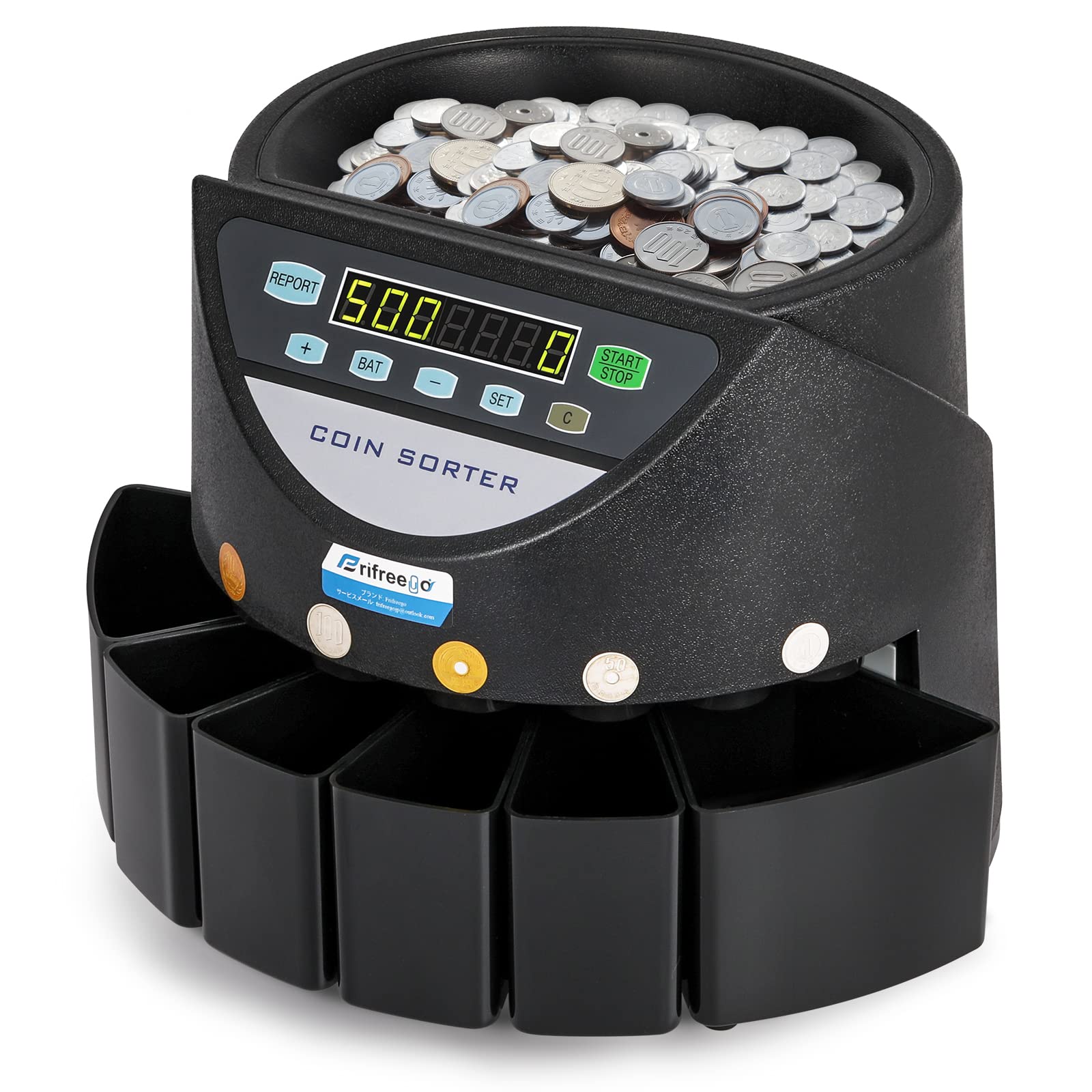 Frifreego コインカウンター 自動硬貨計数機 コイン計数機 最大500枚入れ 200枚/分 故障診断機能 経理 事務所 コンビニ スーパー 業務用 日本語取扱説明書付き｜生活応援ショップ　店