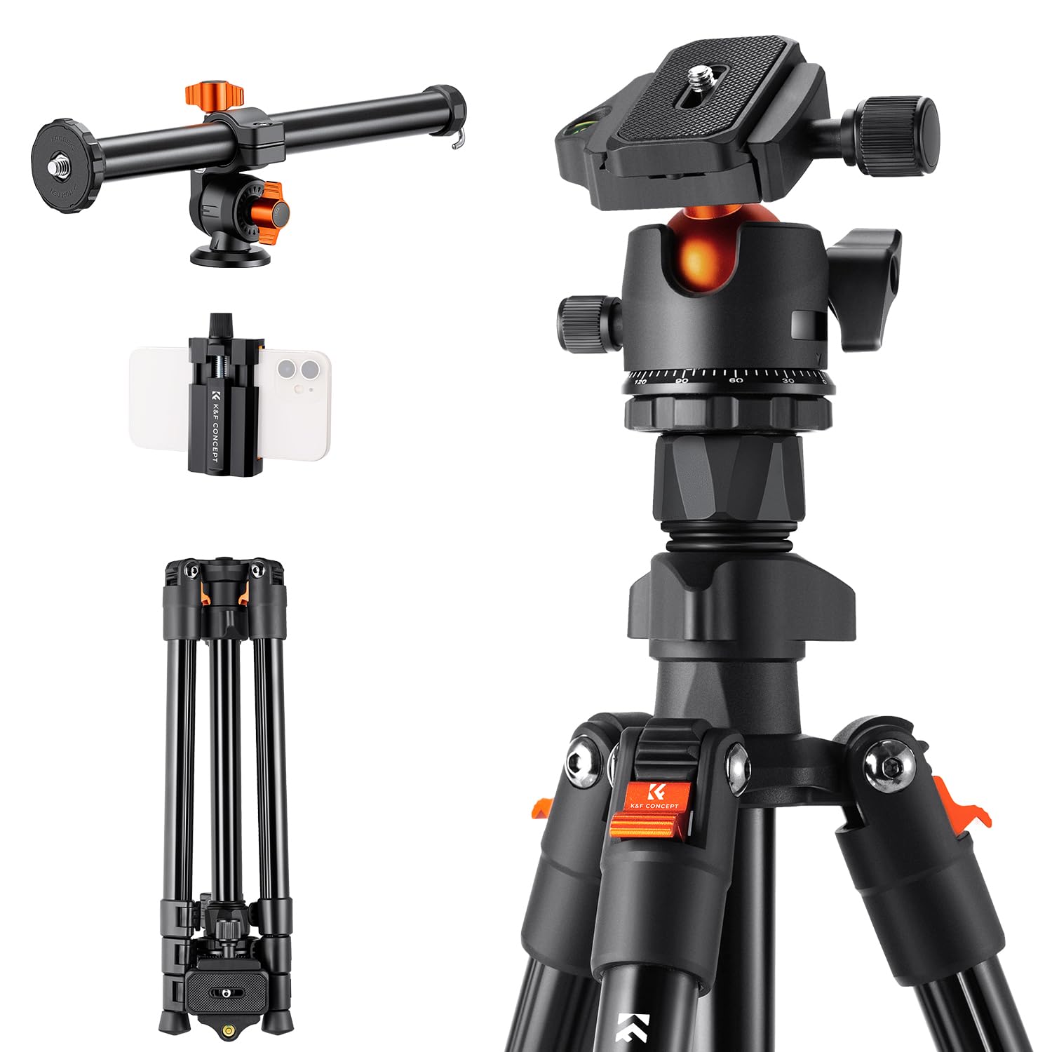 三脚 一眼レフ カメラ三脚 K&F Concept コンパクト 超軽量 延長ポール 中心軸付き 4段 160cm 360度回転 1/4
