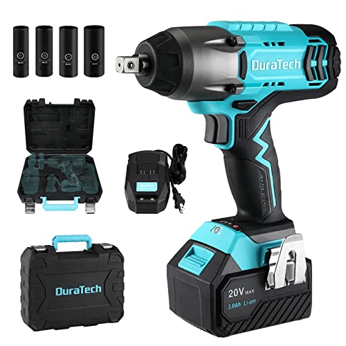DURATECH インパクトレンチ 電動インパクトレンチ 正逆転切替20V 充電式 コードレス 最大トルク450N.m 無段変速 自動停止モード LEDライト付き ディープソケット4本付き 大容量バッテリー タイヤ交換 自動車の修理 ホームメンテナンス ナ