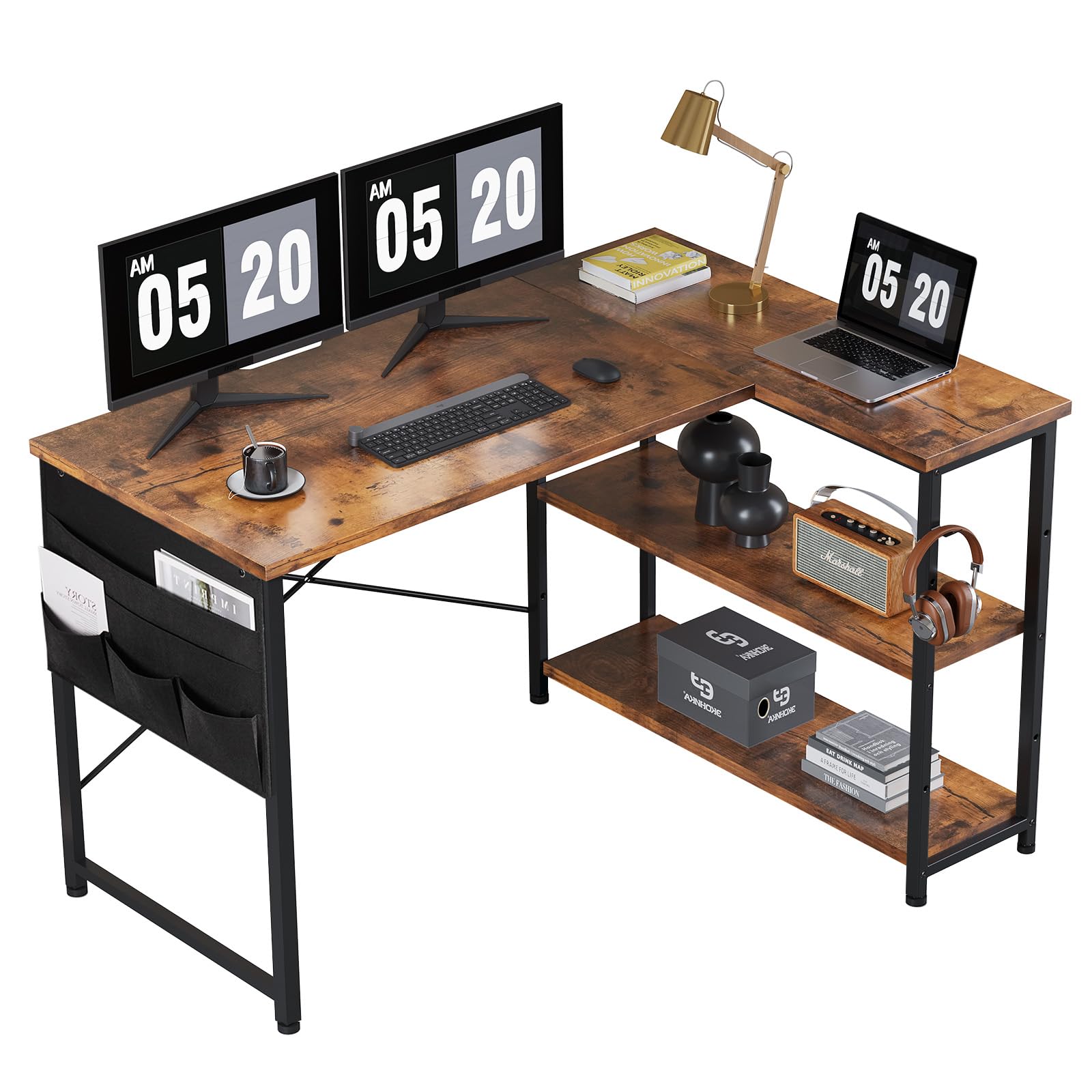 YeTom パソコンデスク 机 学習机 ・築子 右棚左棚 幅107cm computer desk ゲーミングデスク l字デスク pcデスク 収納袋付き勉強机 b・・n h?c コーナーデスク ワークデスク 本棚付きデスク ビンテージ