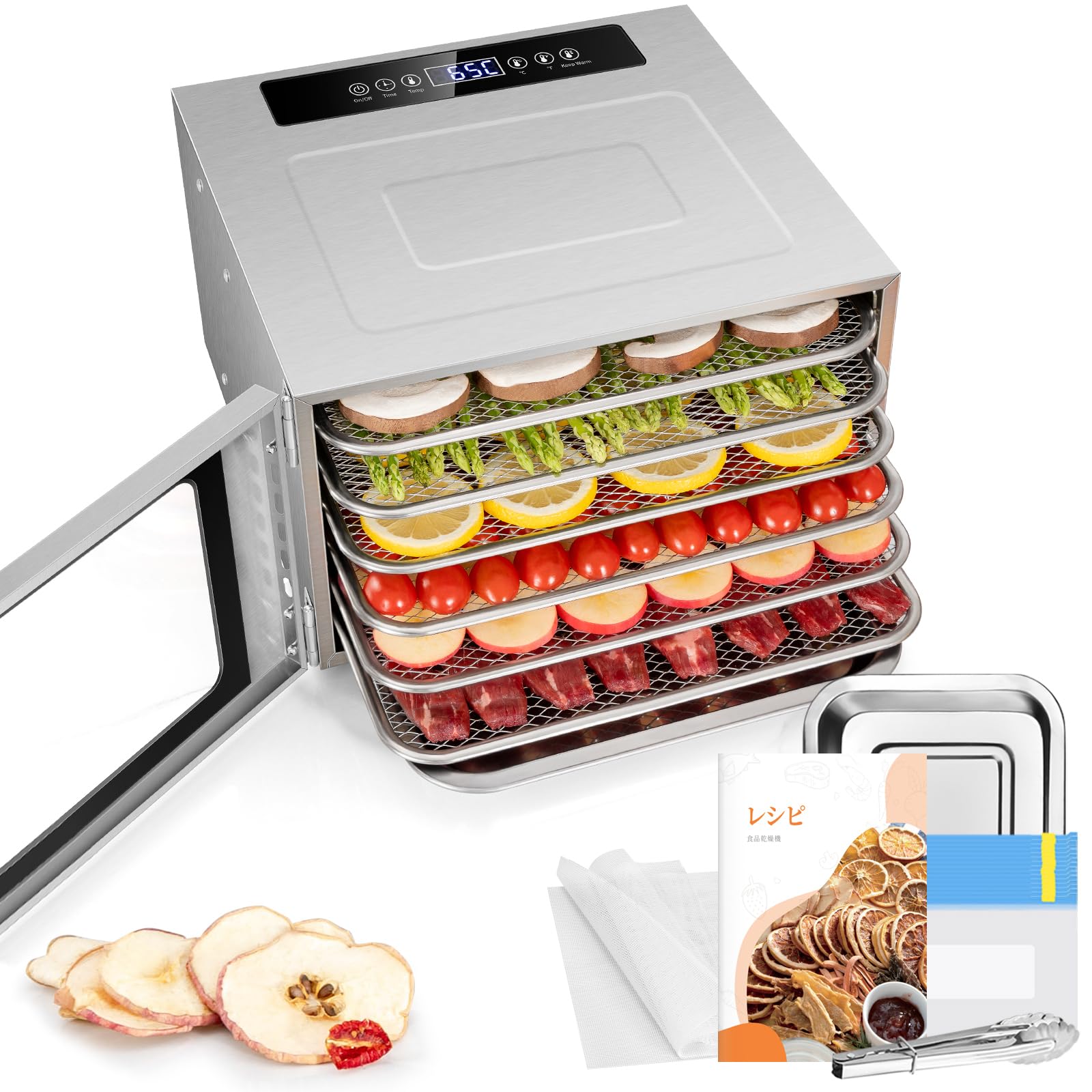Kwasyo 6層フードドライヤー ステンレス鋼製食品乾燥機 ドライフルーツメーカー 家庭用 30・90℃幅広い温度制御 タイマー付き 24時間低温35℃保温可能 400W 無添加 野菜 果物 肉 乾燥機 低温発酵可能 ジャーキー 干し芋 手作り レシピ付 14,249円