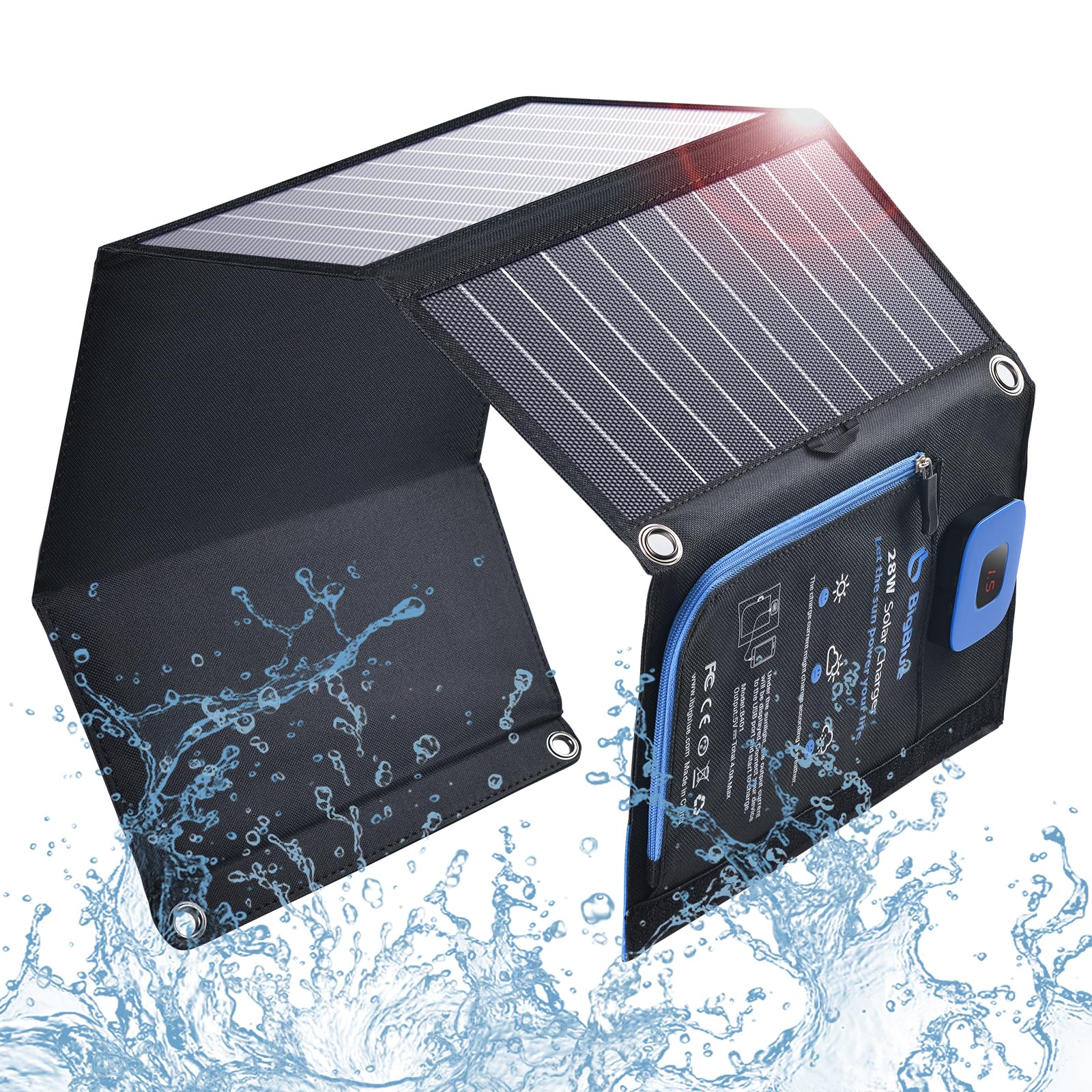 BigBlue 28W ソーラーチャージャー 電流計 ソーラー 充電器 2USBポート(5V/4.0A) ソーラーパネル 折り畳み式 防水 カラビナ付き 地震 災害時 アウトドア iPhone iPad Android各種対応(B401E-28)