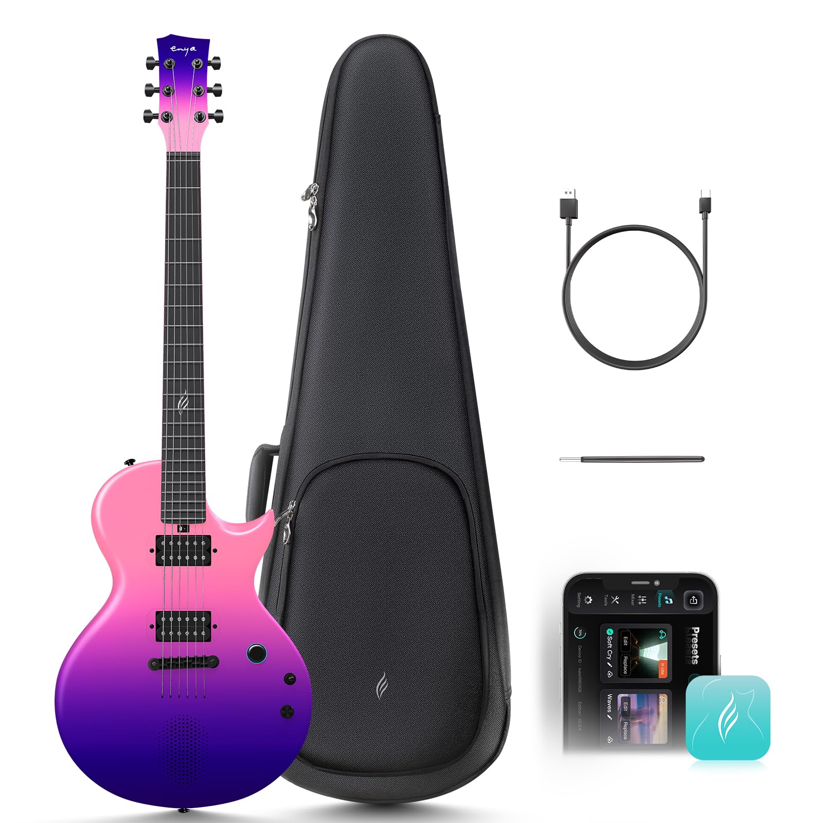 ENYA Nova GO Sonic スマートエレキギター 初心者入門セット カーボンファイバー製 10Wスピーカー＆マルチエフェクター内蔵 アプリで簡単操作 パープル