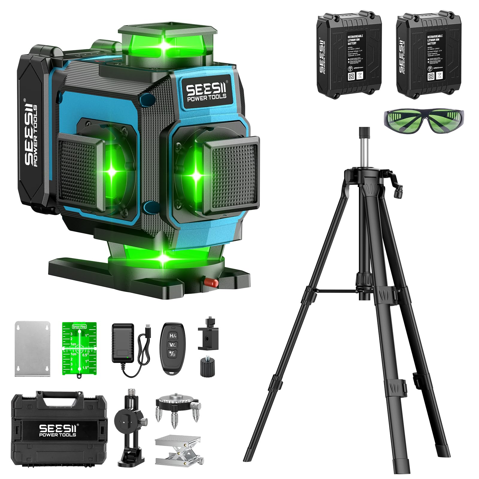 SEESII レーザー墨出し器 グリーンレーザー 水平器 4x360° 16ライン 墨出しレーザー フルライン 電量LCDディスプレー搭載 レーザーレベル 水準器ツール 回転レーザー線 緑色 小型 コンパクト 自動補正 高輝度 高精度 受光器対応 軽量作業