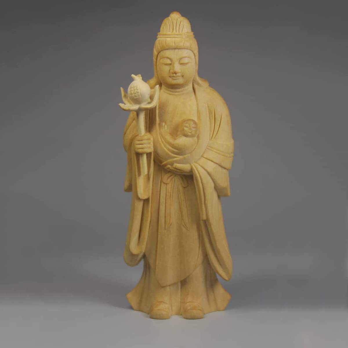 木彫り仏像 【守り本尊】鬼子母神 子育安産 （高さ12.5糎、幅4ｃｍ ）桧木製御前上等木彫り ◆刻みつける仏像・木彫りの仏像・手彫り仏像
