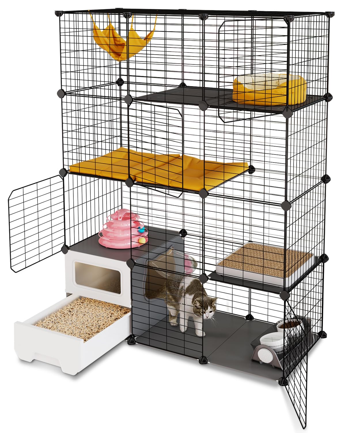 Topzoo 猫 ケージ トイレ付き 高さ143×幅107×奥行き45cm トイレ一体型 防臭 飛散軽減 3段 引き出し スコップ付き 掃除しやすい キャットケージ 組立簡単 猫用ケージ 大型 幅広 多頭飼い 脱走防止 コンパクト 子猫 保護用 室内用 日|生活応援ショップ 店