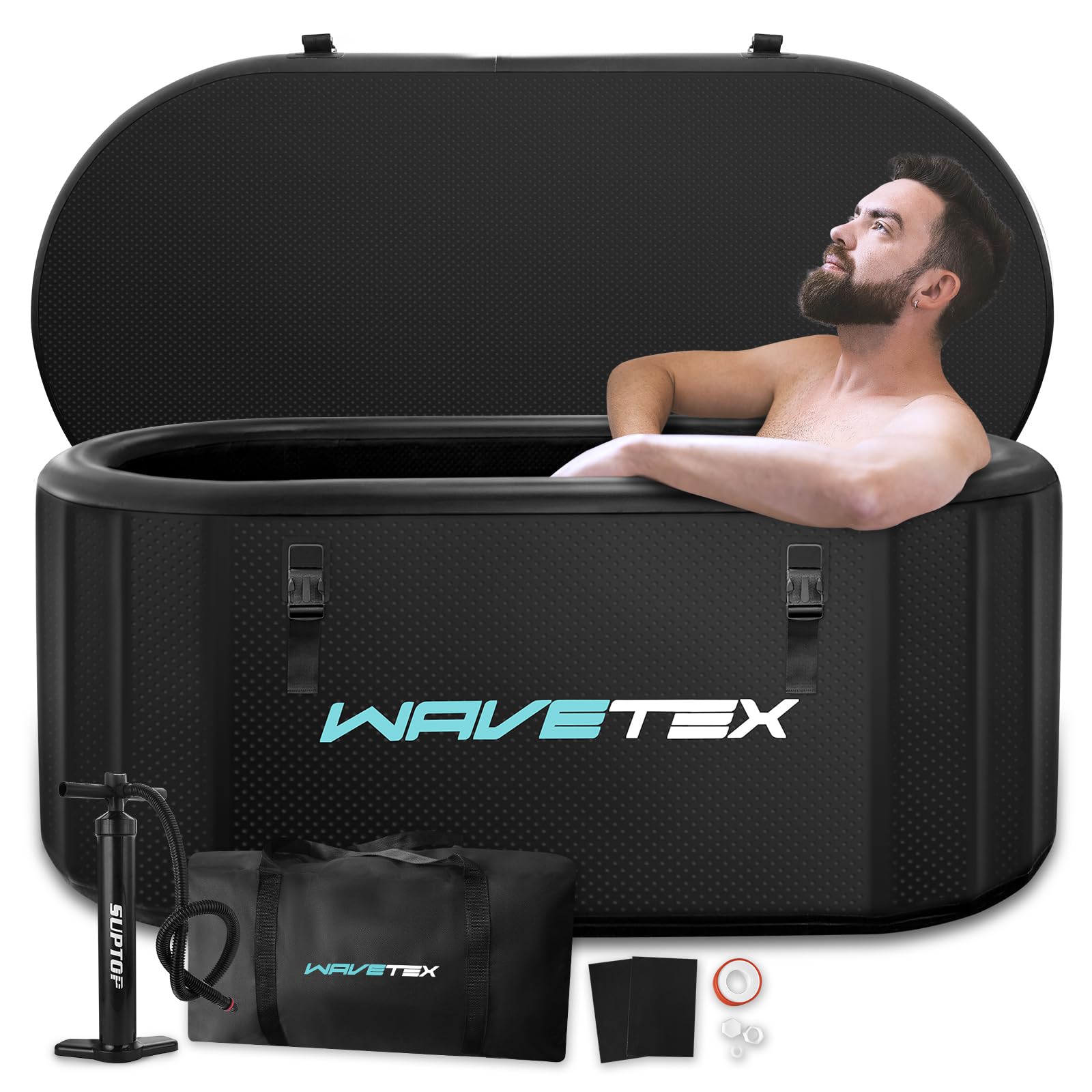 SUPTOPポータブル浴槽 膨張式 折りたたみ 450 L 特大、バックパックとポンプ付き, 5層構造, キャンプ/屋外/室内用, （楕円形, ブラック）